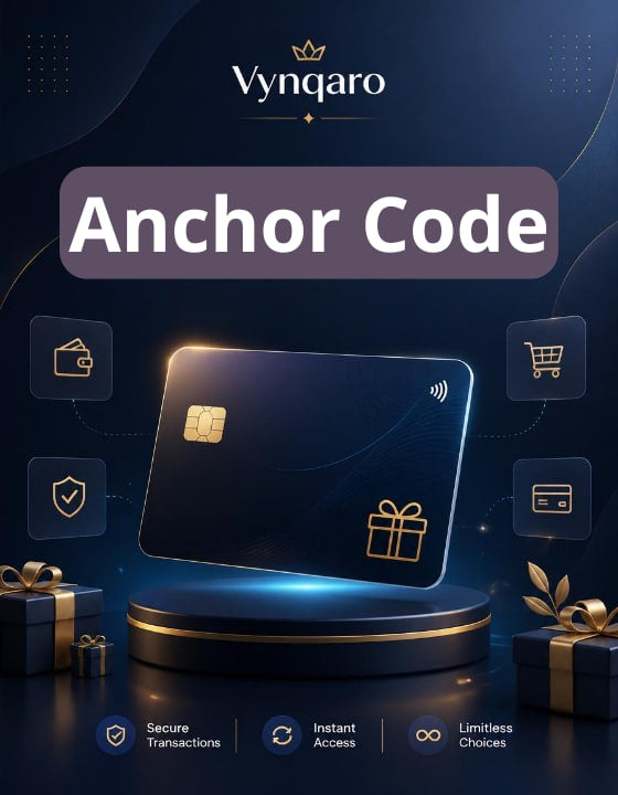 Vynqaro Anchor Code card with gift box and icons on a dark background