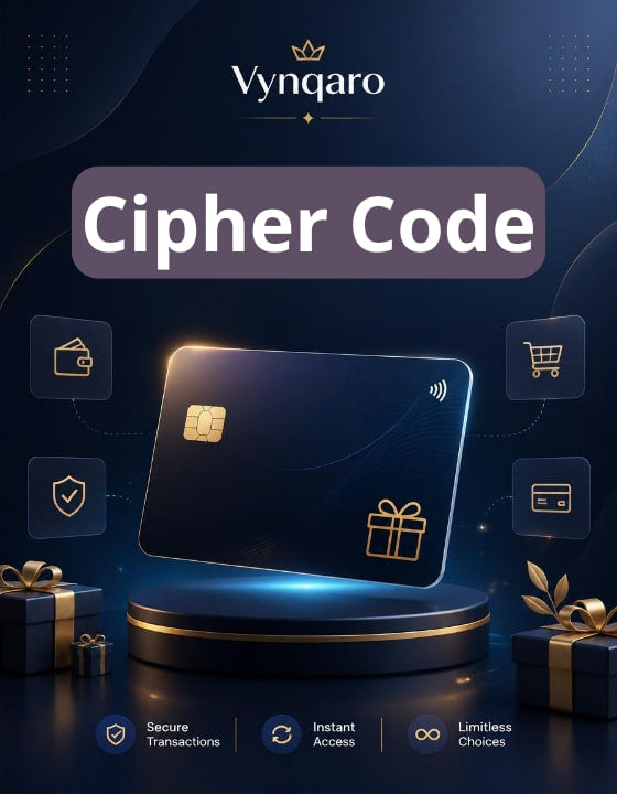 Vynqaro Cipher Code card with security features on a dark background