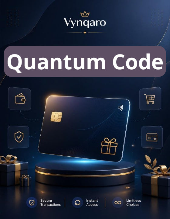 Vynqaro Quantum Code card with gift box and icons on a dark background