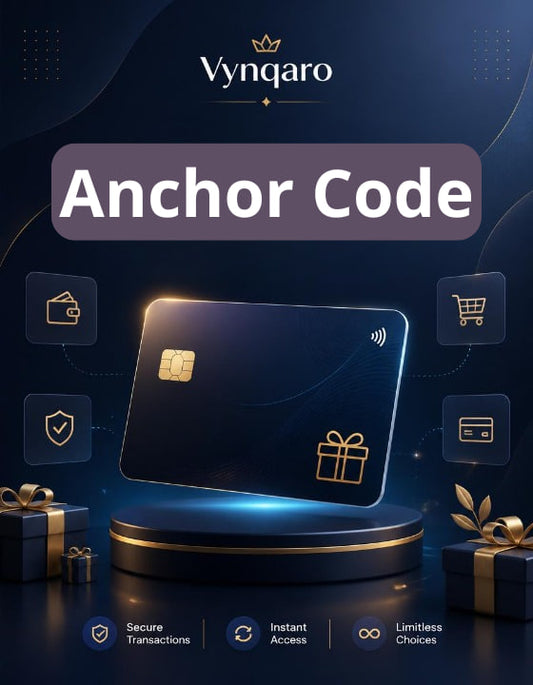 Vynqaro Anchor Code card with gift box and icons on a dark background