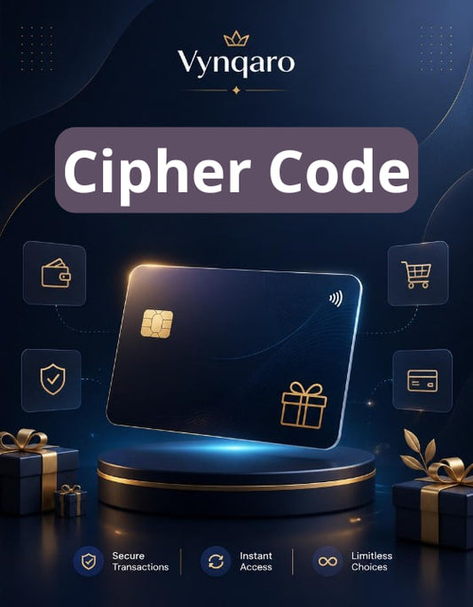 Vynqaro Cipher Code card with security features on a dark background