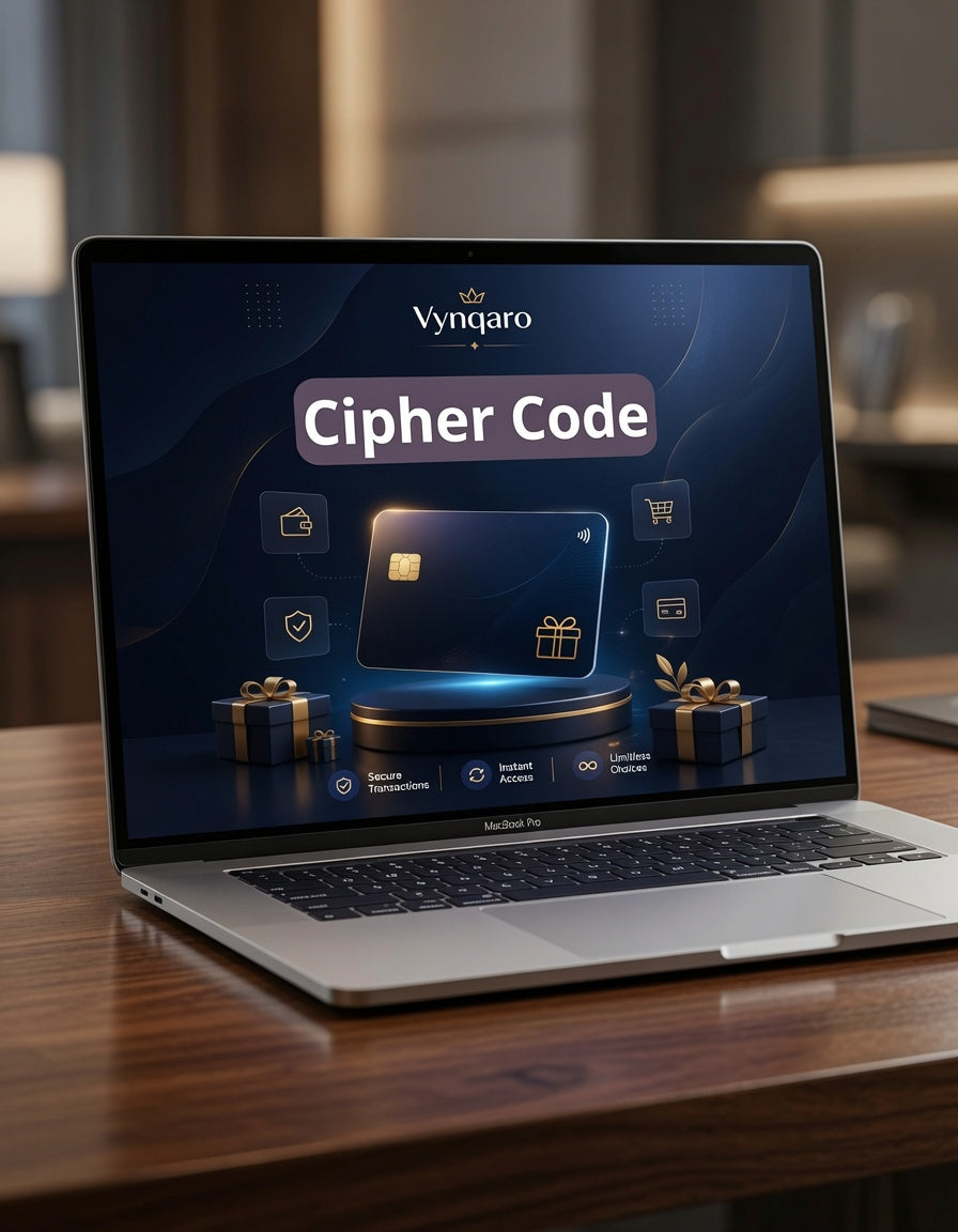 Laptop displaying the 'Vynqaro Cipher Code' on a wooden desk