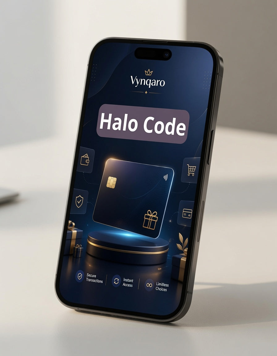 Phone displaying Vynqaro app with 'Halo Code' feature on a light surface.