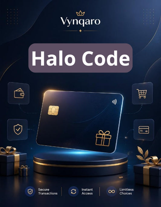 Vynqaro Halo Code card with gift box and icons on a dark background
