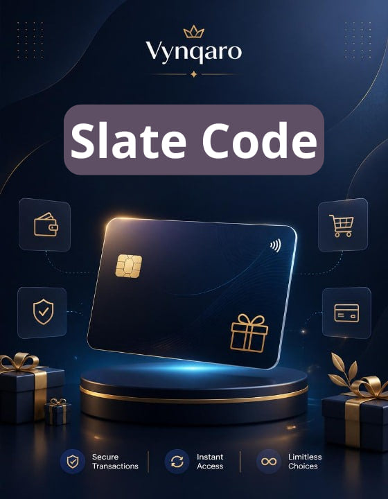 Vynqaro slate code card with gift box and icons on a dark background