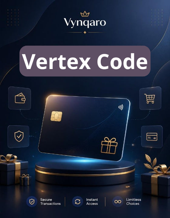 Vynqaro Vertex Code promotional graphic with a glowing card and gift boxes on a dark background.