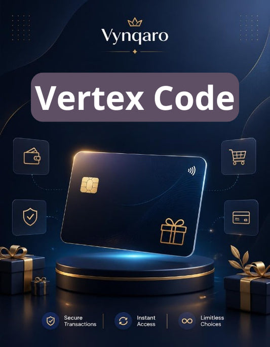 Vynqaro Vertex Code promotional graphic with a glowing card and gift boxes on a dark background.